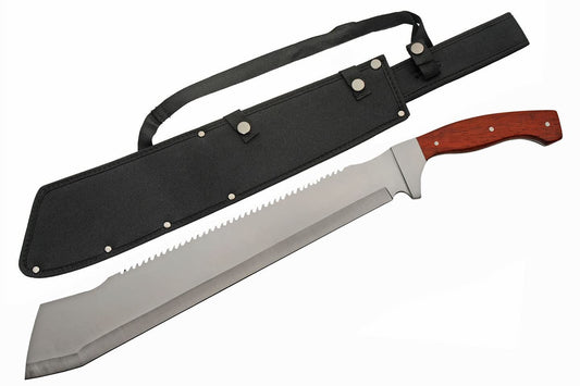 SZCO Supplies 25” Brown Wood Handle Heavy Duty Saw Back Forest Cleaver Machete With Sheath (926963-WD)