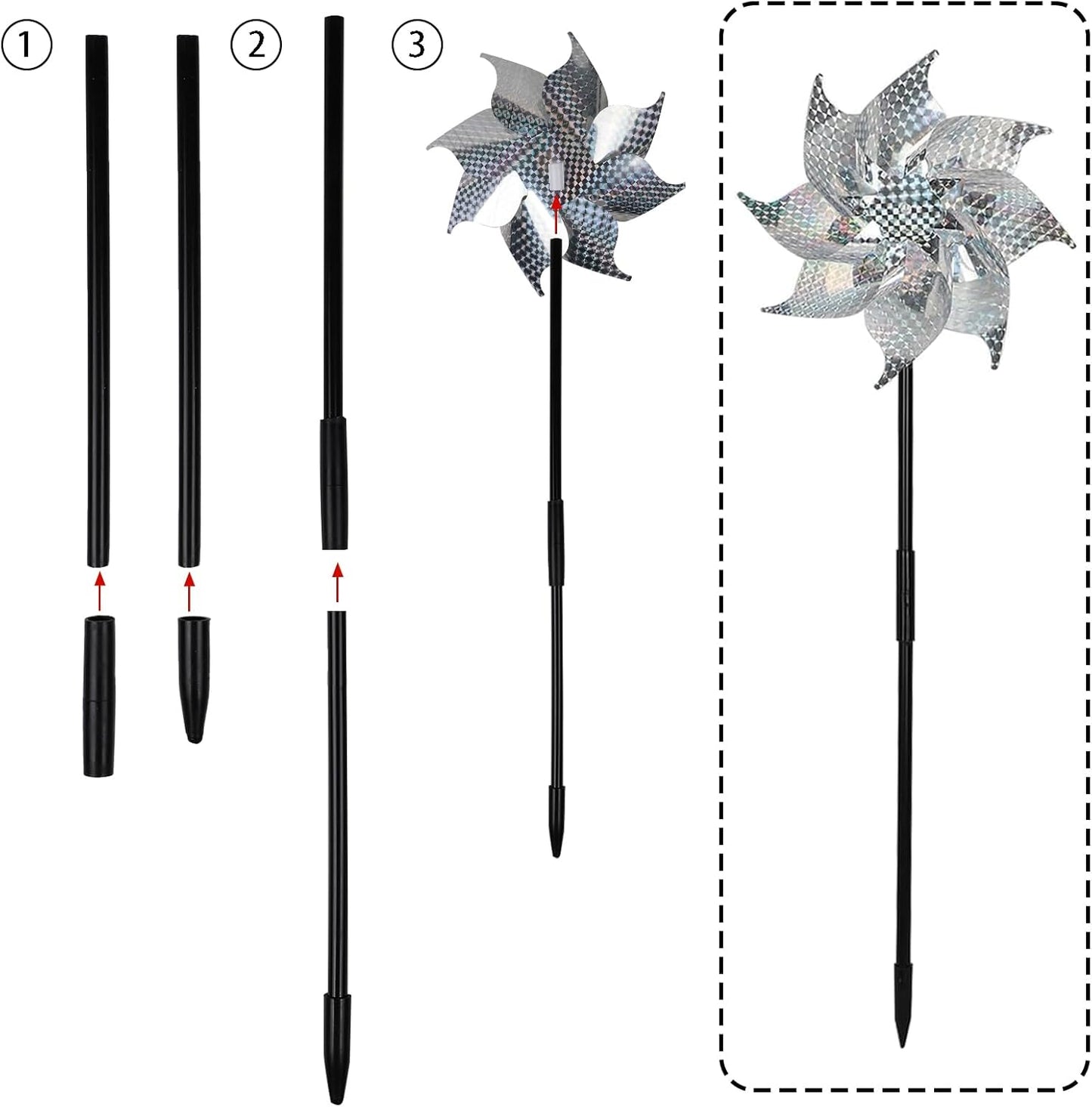 15 Pack Reflective Pinwheels with Stakes, 18.5" Plastic Bird Blinder Sparkly Pin Wheel Scare Birds and Animals Away Spinner Pinwheels for Lawn Yard Garden Farm