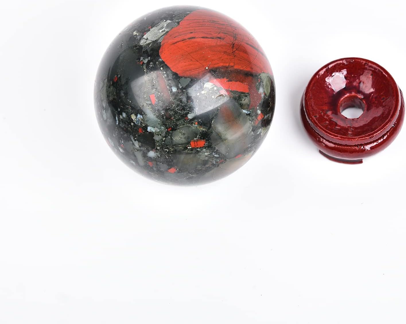 JIC Gem African Bloodstone Crystal Ball Natural Quartz Crystal Sphere Stone Ball with Wooden Base (70-80mm)