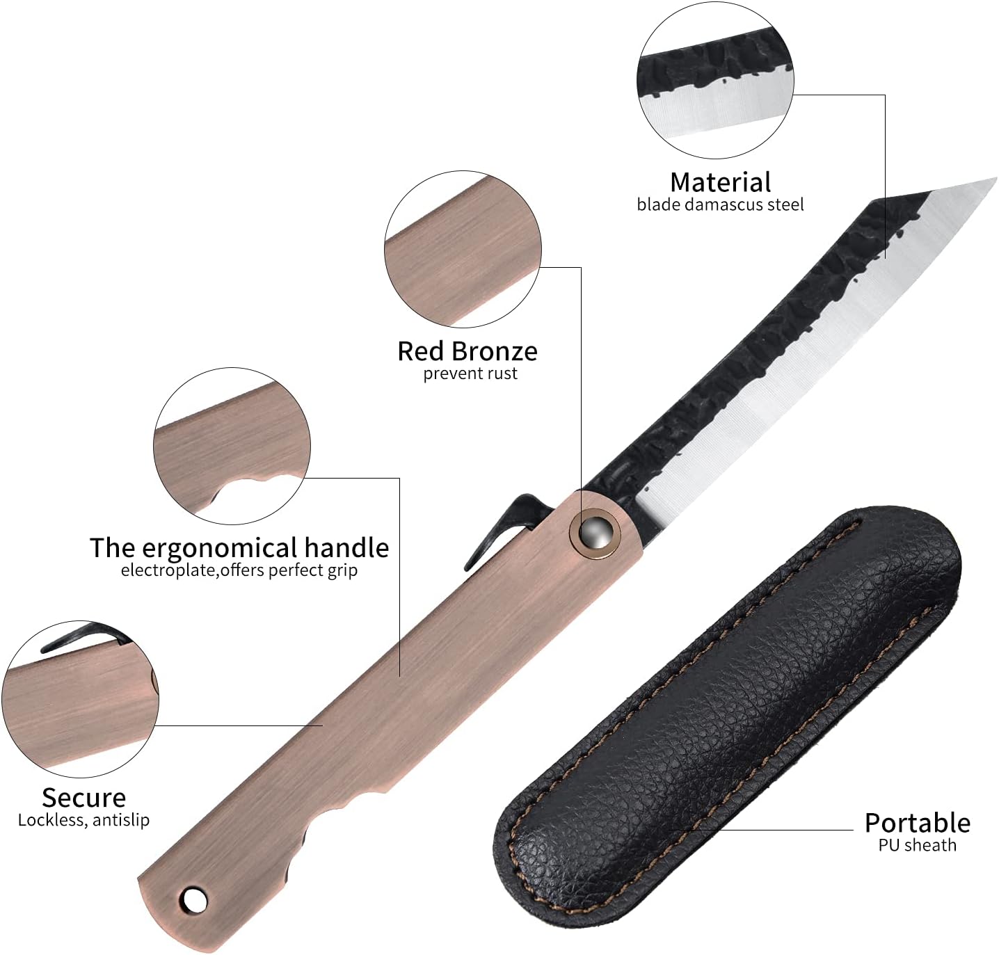 Dispatch EDC Pocket Knife, 2.8" Full Panel Plain Edge Blade Folding Knife with 7Cr13Mov Black Stonewashed Forged Blade & Red Bronze Electroplated Handle, Includes Black PU Sheath