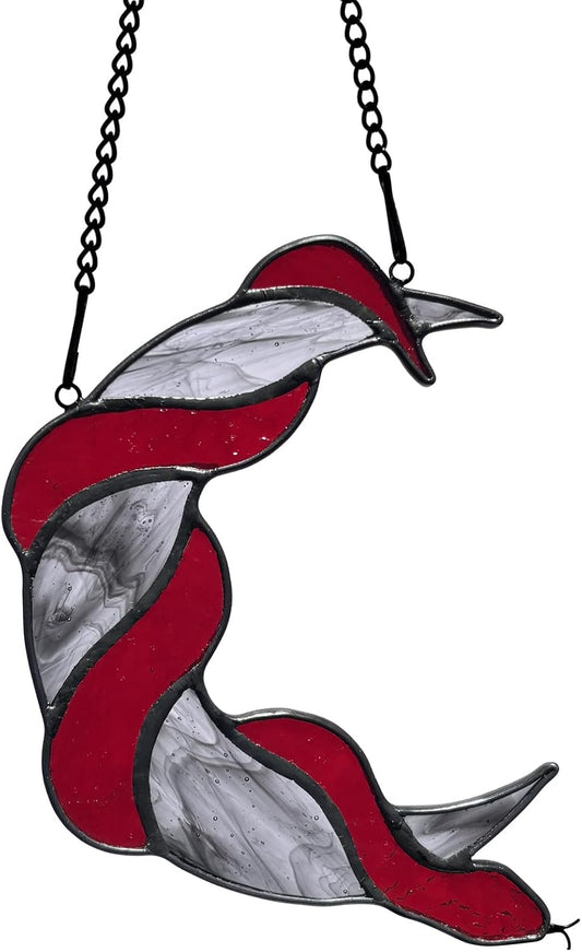 Stained Glass Red Snake on Moon Decor Window Hangings Ornament, Gothic Snake Suncatcher Halloween