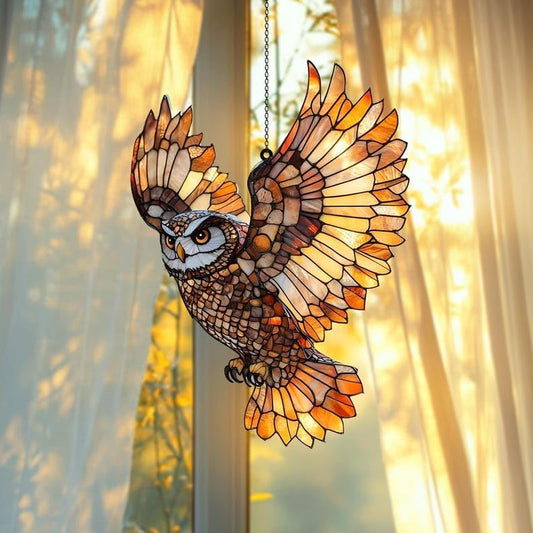 Flying Owl Acrylic Suncatcher Window Hanging, Gothic Bird Decor for Home and Garden