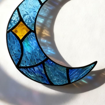 Moon Stained Glass Window Hanging Suncatchers，Handcrafted Art Glass Crescent Moon Decorations Indoor Window Gift for Women, Christmas,Thanksgiving (Blue)