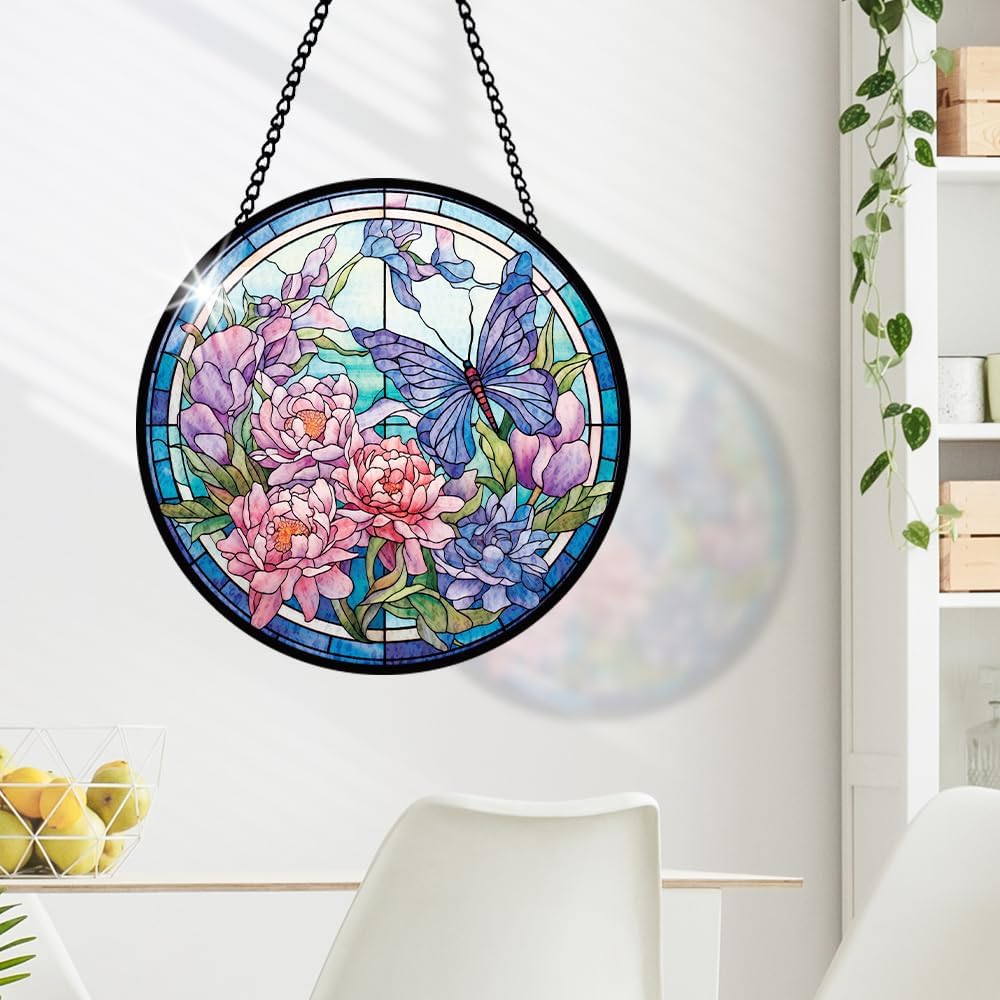 Purple Butterfly Stained Glass Window Hanging, Purple Suncatcher Panel for Indoor Outdoor, Violet Glass Ornament for Balcony, Porch Wall Decor, Ornament Gifts for Girls Boys Birthday, Housewarming