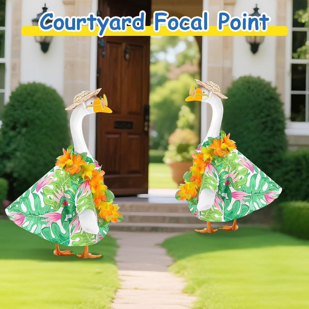 Hawaiian Porch Goose Outfits,2025 New Yard Goose Clothes Hawaiian Wreath with Straw Hat Glasses,4 Pcs/Set Summer Lawn Goose Costume,for 23" Statue Patio Garden Decoration