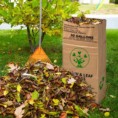 10 Count 30 Gallon Lawn and Leaf Bags with Gardening Gloves, 2-Ply Heavy Duty Large Kraft Paper Bags | Tear Resistant Yard Waste Bag for Grass Clippings, Wet and Dry Leaves, Weeds, and Twigs