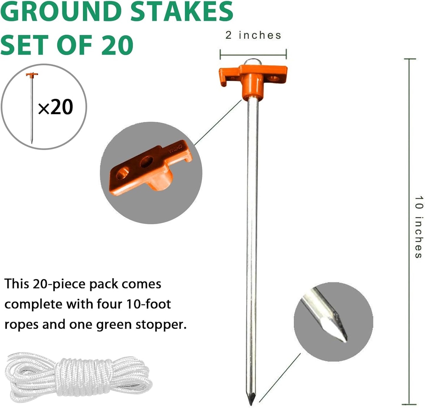 Eurmax USA Galvanized Non-Rust Camping Family Tent Pop Up Tent Stakes Ice Tools Heavy Duty 20pc-Pack, with 4x10ft Ropes & 1 Orange Stopper