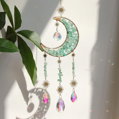 Moon Suncatcher Hanging Decor, Boho Chic Green Aventurine Crystal Sun Catcher, Spritual Sun Light Catcher for Windows, Crescent Moon Housewarming Gift (Aventurine)