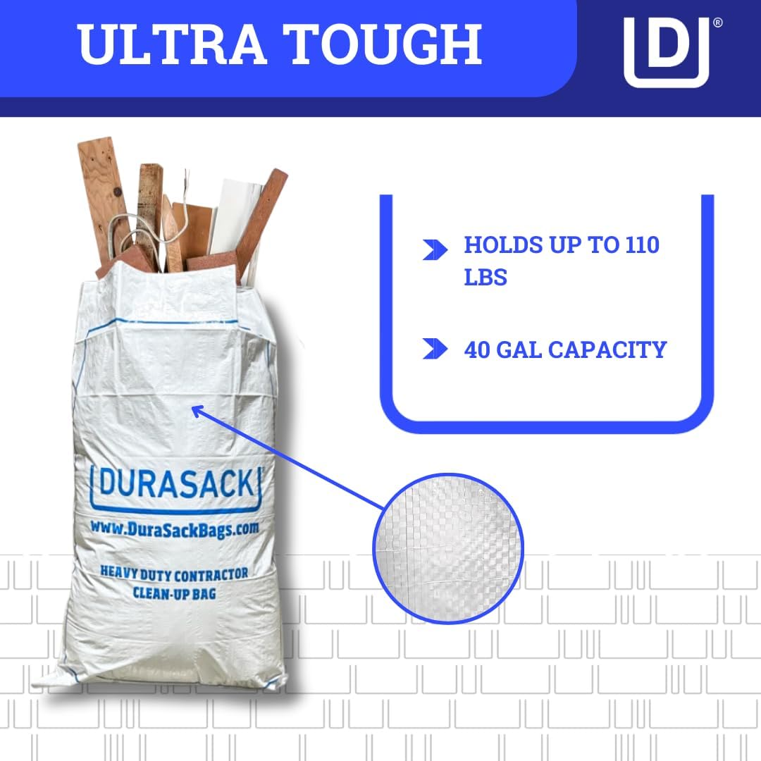 DURASACK Contractor Bags Heavy Duty 40-Gallon Reusable White Woven Polypropylene Contractor Garbage Bags, Pack of 16