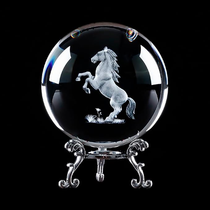 Crystal Ball Glass Globe Decor - Chinese Horse Sphere with Stand & Gift Box, Clear Decorative Globe, 3D Crystal Ball for Home Decor Photography, Gazing Divination Fengshui Meditation, 2.3 inch/60mm