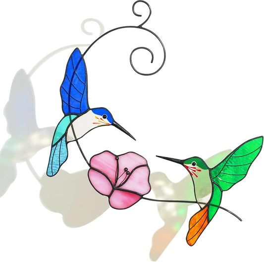 Hummingbird Stained Glass Window Hanging, Handmade Humming Bird with Flower Suncatcher, Sun Catcher