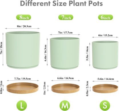8/7/6 inch Plant Pots, 3 Pack Cylinder Flower Pots for Outdoor Indoor Plants, Decorative Plastic Planters with Drainage Holes and Saucers for Garden House Plants, Green with Brown