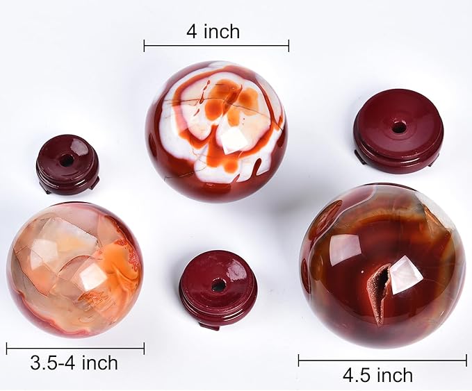 JIC Gem Red Agate Large Crystal Ball 3.5-4 inch(90-100mm) Round Healing Crystals Decorative Sphere with Wooden Stand Meditation Witchcraft Home Decor