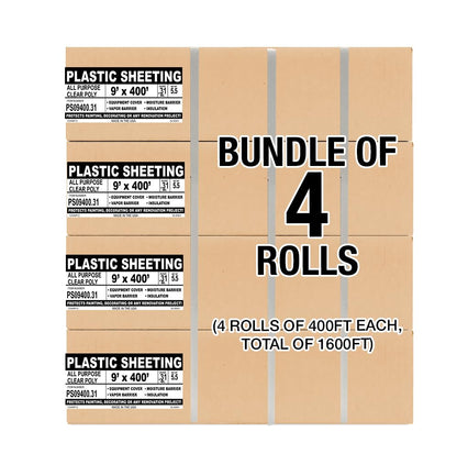 Aluf Plastics 7.8 Micron Clear All Purpose Vapor and Moisture Barrier Sheet Tarp/Drop Cloth - 4 Rolls of 9' x 400' - for Painting, Furniture, Carpet, Contractor, & Construction