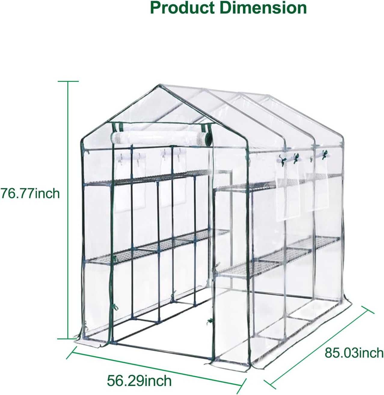 Greenhouse, 57 x 85 x 77'' Greenhouses for Outdoors, with Mesh Side Windows, PE Cover, 8 Shelves, Heavy Duty Walk in Green House for Backyard Garden Indoor, White& Green Outside