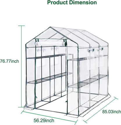 Greenhouse, 57 x 85 x 77'' Greenhouses for Outdoors, with Mesh Side Windows, PE Cover, 8 Shelves, Heavy Duty Walk in Green House for Backyard Garden Indoor, White& Green Outside