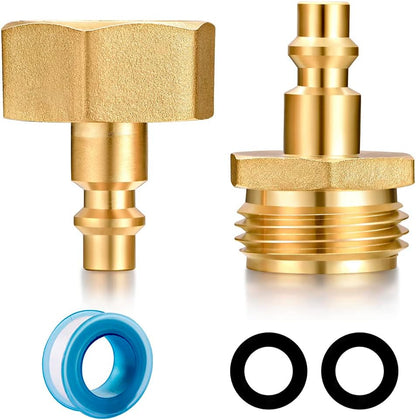 RV 1/4" Quick Connector to 3/4" GHT Garden Hose Adapter - Brass (Male + Female), Winter Freeze Protection & Water Drain for Camping RV, Boat, Hose Blow-Out Plugs