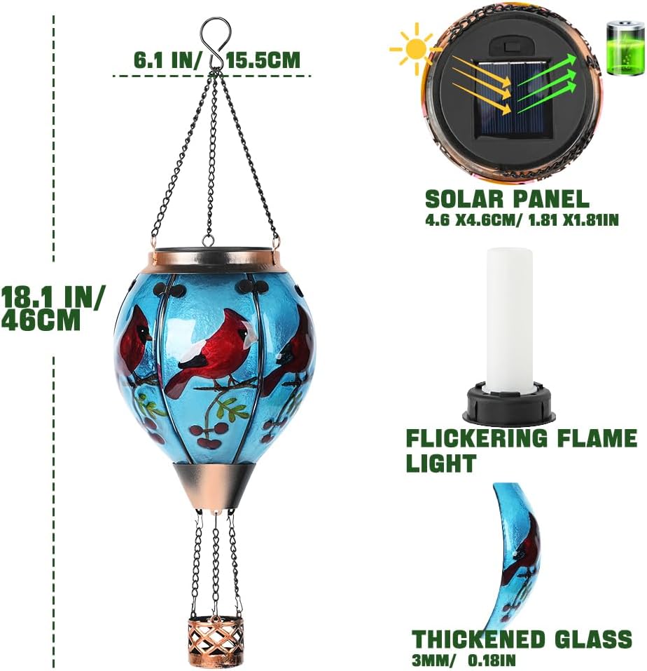 Hot Air Balloon Solar Lantern - Cardinal Bird Glass Lantern, Simulated Flickering & Dancing Flame, Outdoor Hanging Yard Light Waterproof IP65 for Patio Lawn Porch Decor Gift