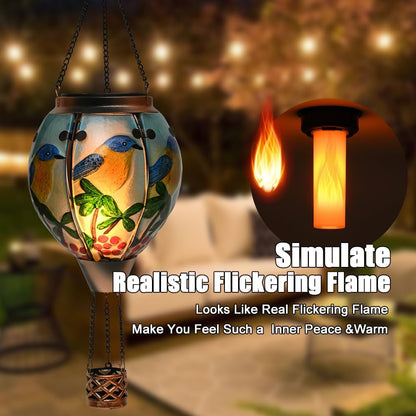 Hot Air Balloon Solar Lantern - Bluebird Glass Lantern, Simulated Flickering & Dancing Flame, Outdoor Hanging Yard Light Waterproof IP65 for Patio Lawn Porch Decor Gift