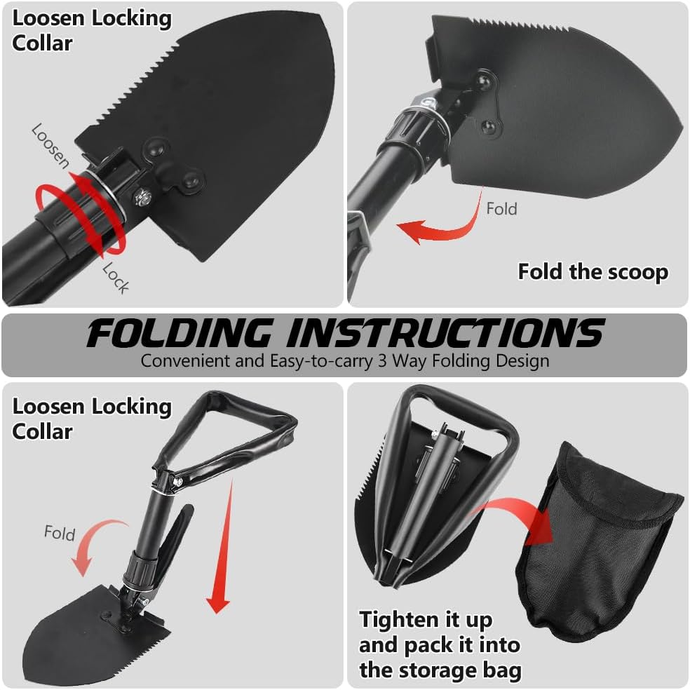 Large Folding Shovel, Overall Length 24Inches, Foldable Design with Portable Bag, Made of Durable Materials, Serrated Edge, for Camping, Hiking, Gardening, Fishing & Emergencies (Black)