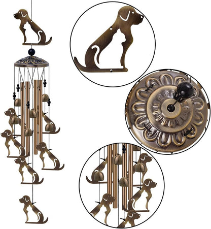 Outdoor Dogs Wind Chimes Indoor Decor - Hand-Made Mobile Romantic Bronze Wind Catcher, 36" Puppys Wind Bells for Home, Balcony, Patio, Garden Festival Decoration, Gift for Mom(4 Tubes, 6 Bells, 7Dogs)