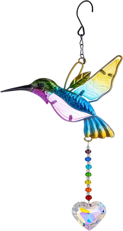 Stained Glass Bird Suncatcher with Crystal for Window, Hanging Prism for Garden Decoration, Glass Hummingbird Ornament Hangings, Sunlight Reflection Rainbow Maker, Handmade Beads Kits Gift for Adults