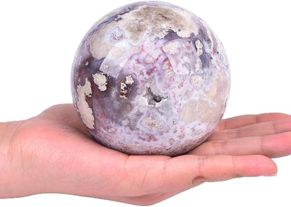 JIC Gem Large Blue Cherry Blossom Agate Crystal Ball with Stand Crystal Sphere Natural Sakura Flower Agate Stone Reiki Healing Meditation Witchcraft Home Decor 3.1-3.5 inch(80-90mm)