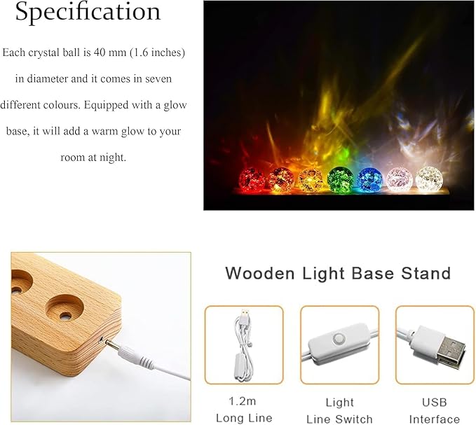7 Colors 40mm Ice Cracked Balls Crystal Chakra Balls with LED Wooden Base Glass Healing Sphere Balls with Stand Night Light Decoration Quartz for Home Living Room