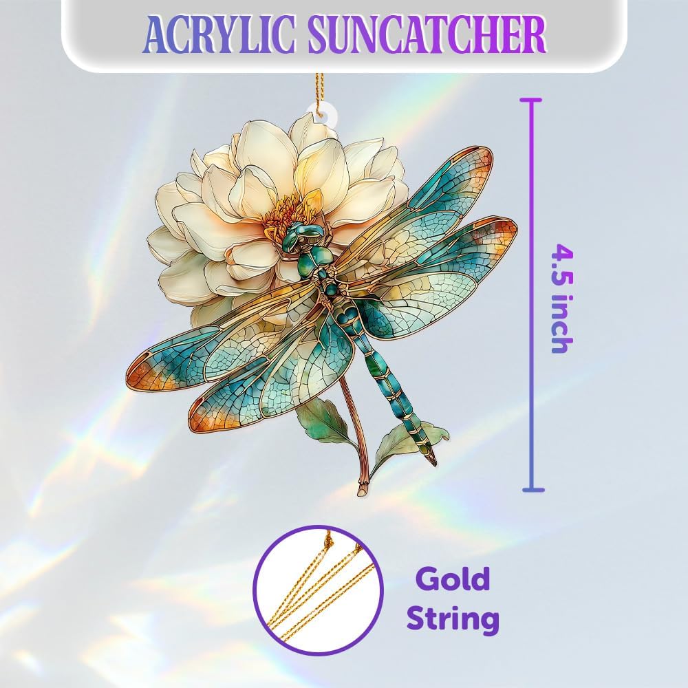 Dragonfly Ornament Stained Glass Style – Acrylic Window Hanging Suncatcher with Flower, Dragonfly Gifts for Women, Christmas Tree Ornament, Whimsical Home & Garden Décor(Sun-21)