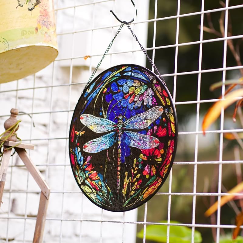 12" Stained Glass Window Hanging Suncatcher,Large Dragonfly Pattern Handmade Stained Glass Painted,Suncatchers for Windows,Hand Dragonfly Suncatcher Window Decorations,Include Metal Chain