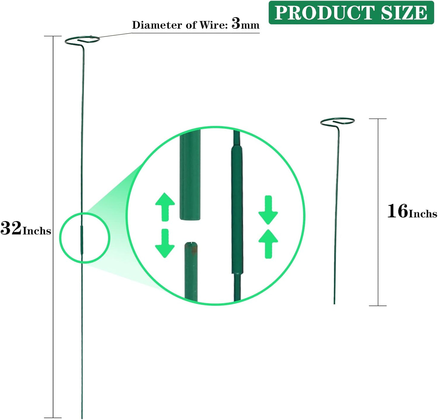 4 Pack Plant Stakes,Plant Support Stakes for Two Sizes(16 or 32 Inches),Plant Stakes for Outdoor Plants,Garden Flower,Tomato(Green)