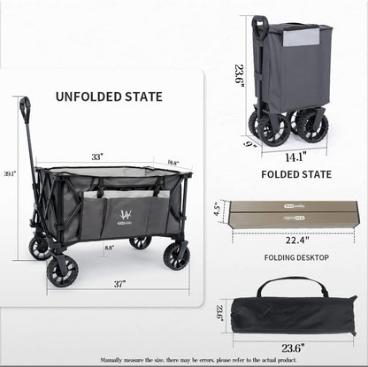Whitsunday Folding Collapsible Utility Wagon, 400Lbs Heavy Duty Outdoor Park Beach Wagon with Table and Side Pocket for Garden Camping Sports Shopping Grey
