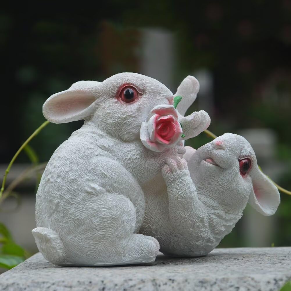 Garden Statues Bunny Decor Resin Flower Rabbit Figurine Cute Fairy Garden Decor Outdoor Statues for Patio Yard Porch Balcony Gifts for Women Mom Grandma White