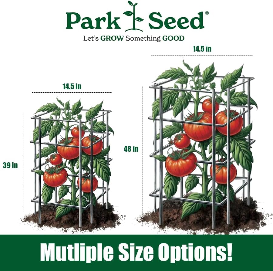 Park Seed Tomato Cages – 48" Tall Heavy-Duty Plant Supports for Tomatoes, Peppers, Cucumbers, and Climbing Vegetables, Foldable Metal Garden Trellis, Pack of 3