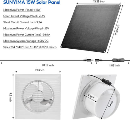 SUNYIMA Solar Powered Exhaust Fan, 15W Weatherproof Solar Panel with 8 Inch Solar Exhaust Fan for Shed Ventilation, Small Chicken Coops, Greenhouses, Pet Houses, Window Exhaust, Garage