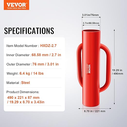 VEVOR Fence Post Driver with Handles, 2.7 in Inner Diameter T Post Pole Pounder, 14LB Heavy Duty Carbon Steel Hand Post Rammer, Farm Fencing Hole Digger for U Channel, Sign Pole, Wooden Post, Red