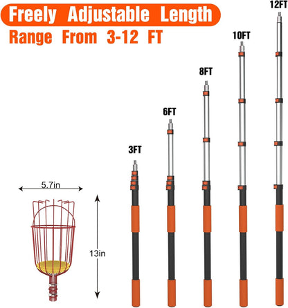20FT Reach Fruit Picker Pole with Basket Telescoping, Apple Picker with 3-12FT Telescoping Pole for Apple Orange Lemon Mango Avocado Guava Fruit Picking