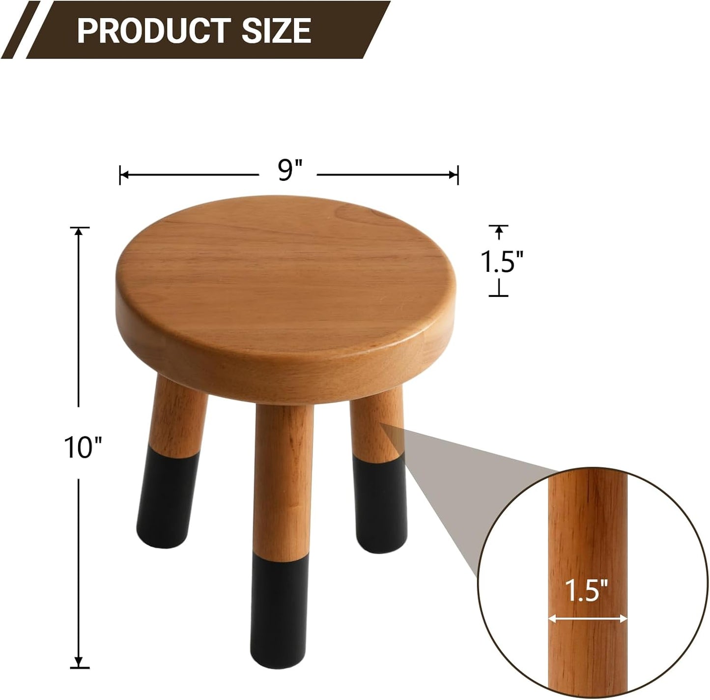 Rubber Wood 9" Round Plant Stand |Dip Dyed Black Stool, Wood Riser |Milking Stool (10" H)