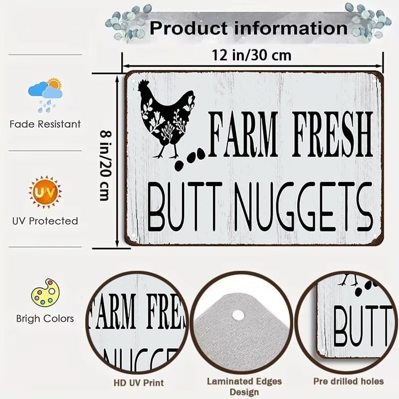 Funny Chicken Gifts Chicken Farm Fresh Butt Nuggets Tin Sign for Home Farm Chicken Coop Farmhouse Kicthen Garden Decor 8 X 12 Inch (3189)
