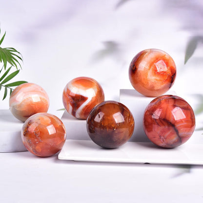 JIC Gem Madagascar Red Agate Crystal Ball Round Healing Crystals Decorative Sphere with Wooden Stand Meditation Home Decor 2.3-2.7 inch (60-70mm)