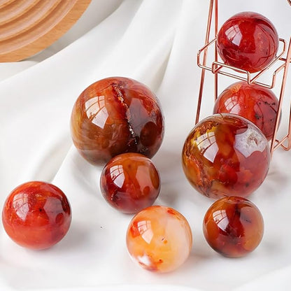 JIC Gem 2.7-3.1 inch(70-80mm) Large Red Agate Crystal Ball Round Healing Crystals Decorative Sphere with Wooden Stand Meditation Witchcraft Home Decor