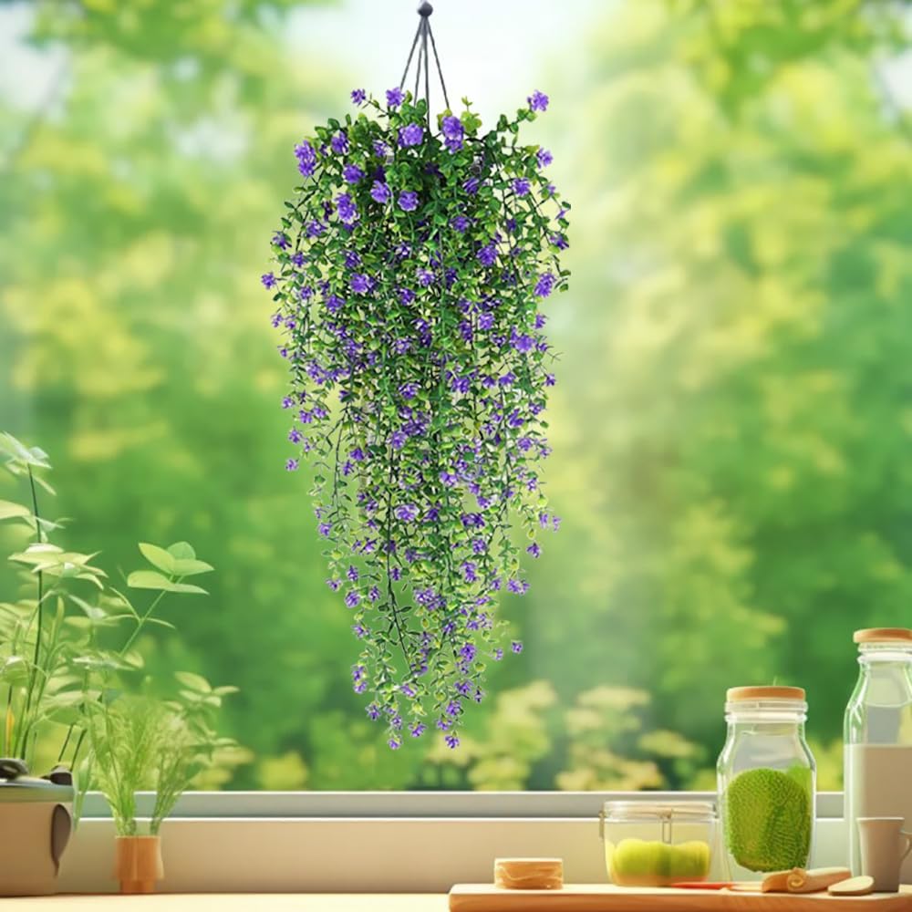WEISPARK Artificial Hanging Flowers, 4pcs Fake Eucalyptus Vine Faux Flower Greenery Garland Plastic Plants for Indoor Outdoor Wall Garden Wedding Home Party Decor (Purple)