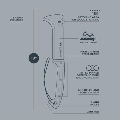 Woodland Tools Super Duty Brush Axe – 9 Inch Curved Blade with Triple Pinned Full Tang, Long Handle, Batoning Spine, and Ballistic Nylon Sheath – Manual Tool for Brush Clearing and Trail Work