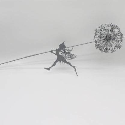 Flower Fairy Dancing with Dandelion Garden Art Sculpture Stainless Steel Statue Christmas Halloween Decoration for Outdoor Yard Courtyard Lawn Patio Metal Ornaments (Long Travel)