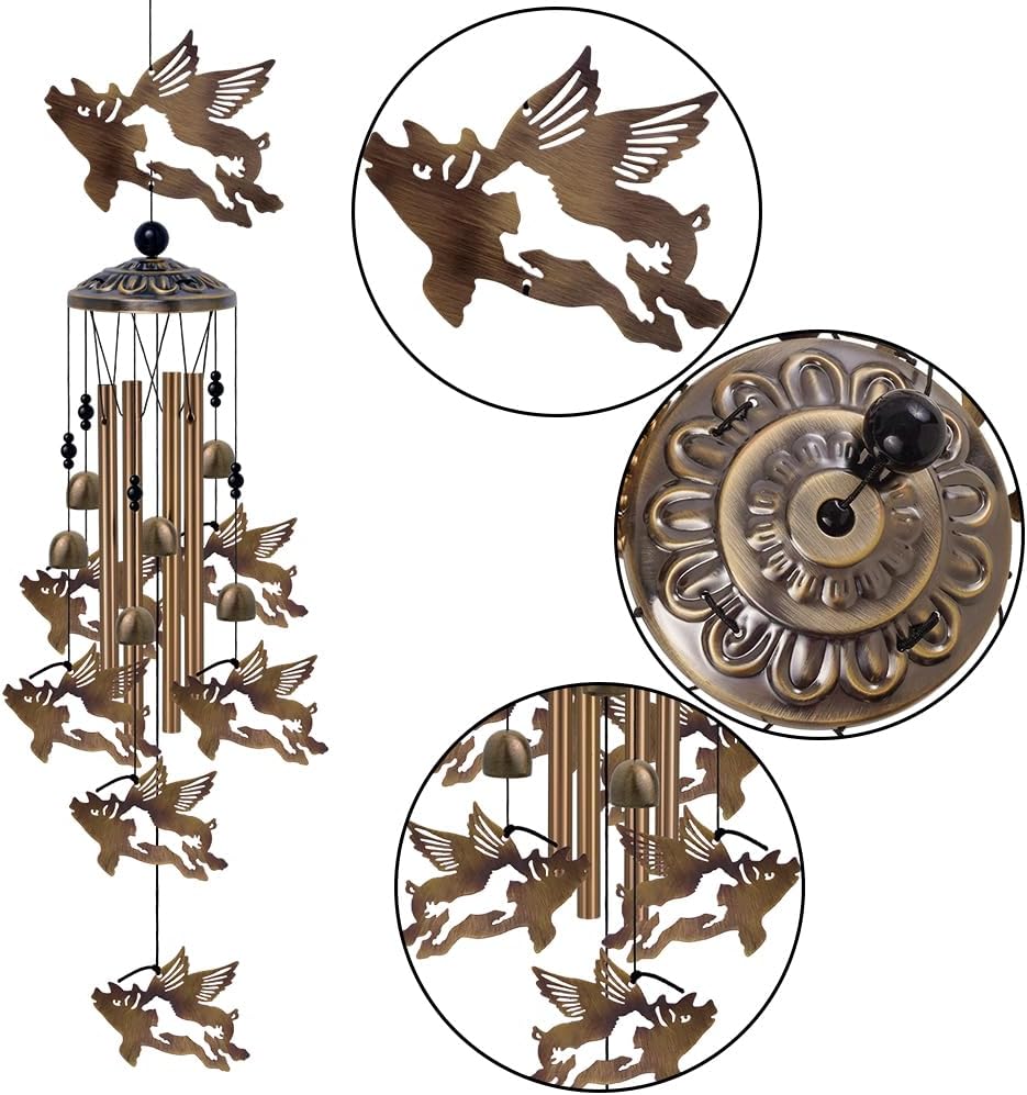 37" Flying Pigs Wind Chimes Outdoor Decor - with 6 Bells 7 Pigs Wind Chimes, Mobile Romantic Fly Pigs Wind Catcher, Bronze Pig Wind Bells for Home, Mom Gifts, Balcony, Tree, Festival Garden Decoration