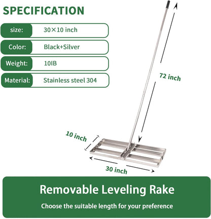 Lawn Leveling Rake - 30'' x 10'' Stainless Steel Lawn Leveler, Heavy Duty Ground Plate Rake for Yard, with Adjustable 72'' Long Handle, Effort Saving Lawn Level Tool for Farm, Garden, Golf Lawn