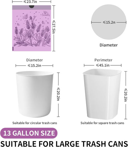 VOK 13 Gallon Trash Bags with Lavender Print & Drawstring, Tear-Resistant Tall Kitchen Garbage Bags, Heavy-Duty Kitchen Trash Bags for Home, 50 Counts