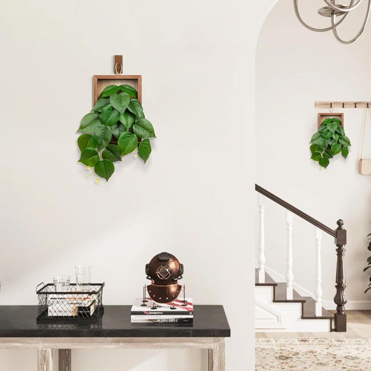 DILATATA Artificial Hanging Plants with Wooden Frame 2 Pack Faux Pothos Leaves Hanging Vine Greenery Plants for Living Room Bedroom Farmhouse Office Home Decor