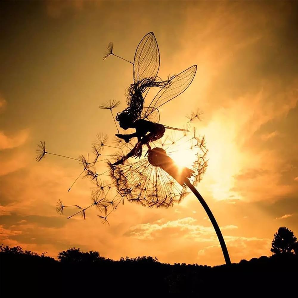 Flower Fairy Dancing with Dandelion Garden Art Sculpture Stainless Steel Statue Christmas Halloween Decoration for Outdoor Yard Courtyard Lawn Patio Metal Ornaments (Hurdle)