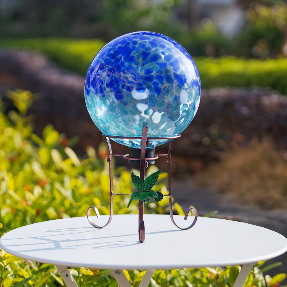 Stargarden Gazing Ball, 10 Inch Gazing Globe, Decorative Glass Balls with Metal Ball Holder, Mixed Blue Globe for Indoor, Outdoor Decor